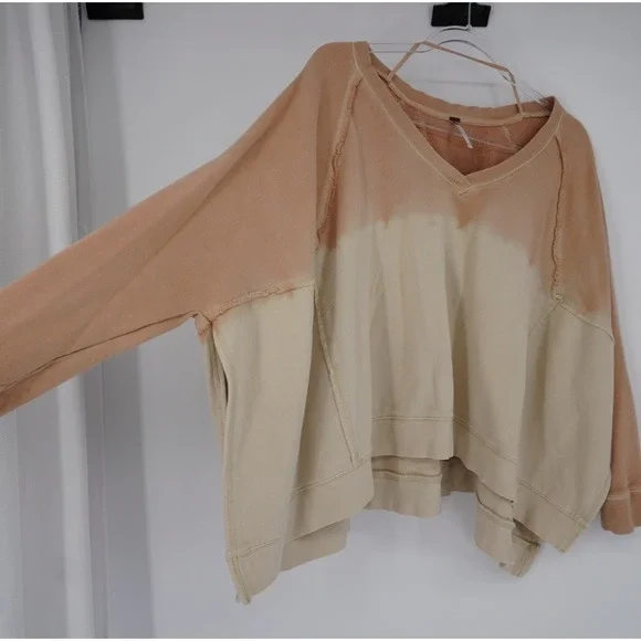 Free People Ombre Dip Dye V-Neck Sweatshirt Peach Cream XS Cotton Pullover - Picture 7 of 12